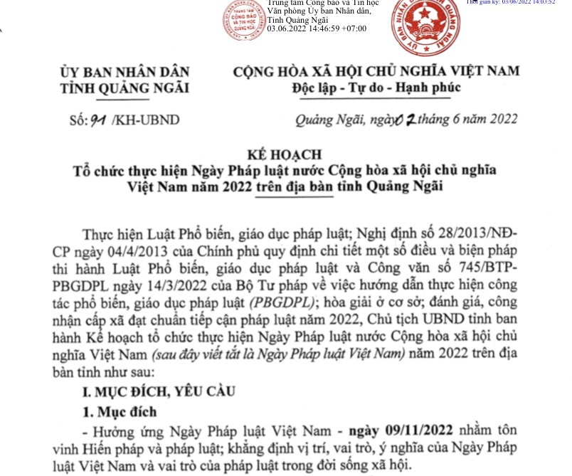 Quảng Ngãi: Ban hành Kế hoạch tổ chức thực hiện Ngày Pháp luật nước Cộng hòa xã hội chủ nghĩa Việt Nam năm 2022 trên địa bàn tỉnh