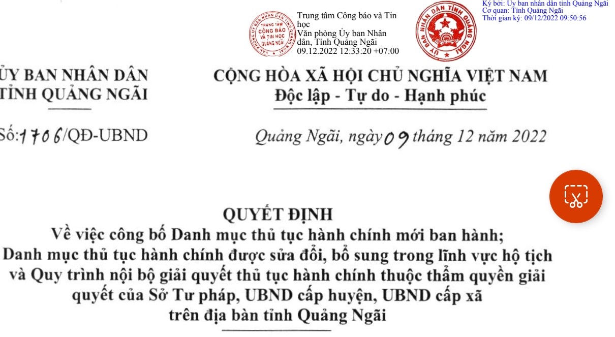 Công bố Danh mục TTHC mới ban hành, được sửa đổi, bổ sung trong lĩnh vực hộ tịch thuộc thẩm quyền giải quyết của Sở Tư pháp, UBND cấp huyện, UBND cấp xã trên địa bàn tỉnh Quảng Ngãi