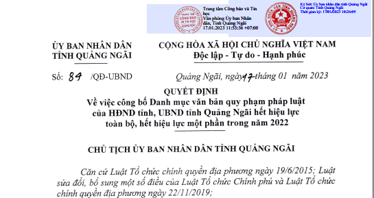Quảng Ngãi ban hành Quyết định công bố Danh mục văn bản quy phạm pháp luật của HĐND tỉnh, UBND tỉnh Quảng Ngãi hết hiệu lực toàn bộ, hết hiệu lực một phần trong năm 2022