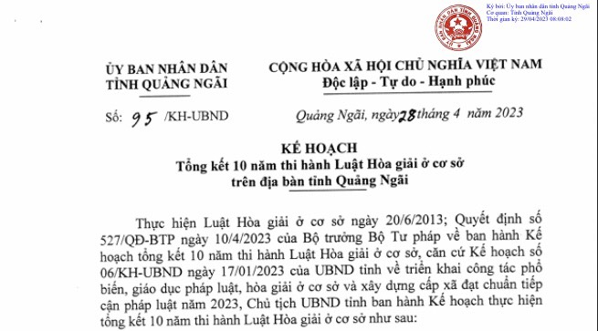 Ban hành Kế hoạch Tổng kết 10 năm thi hành Luật Hòa giải ở cơ sở trên địa bàn tỉnh Quảng Ngãi