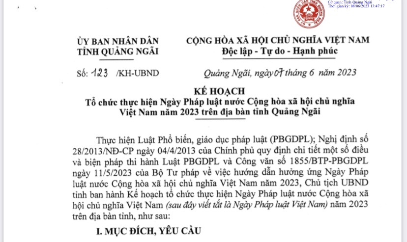 Quảng Ngãi ban hành Kế hoạch tổ chức thực hiện Ngày Pháp luật nước Cộng hòa xã hội chủ nghĩa Việt Nam năm 2023 trên địa bàn tỉnh