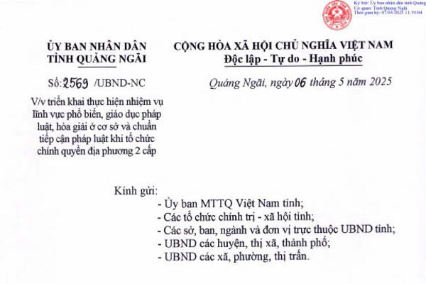 Hướng dẫn thực hiện nhiệm vụ lĩnh vực phổ biến, giáo dục pháp luật, hòa giải ở cơ sở và chuẩn tiếp cận pháp luật khi tổ chức chính quyền địa phương 2 cấp trên địa bàn tỉnh Quảng Ngãi